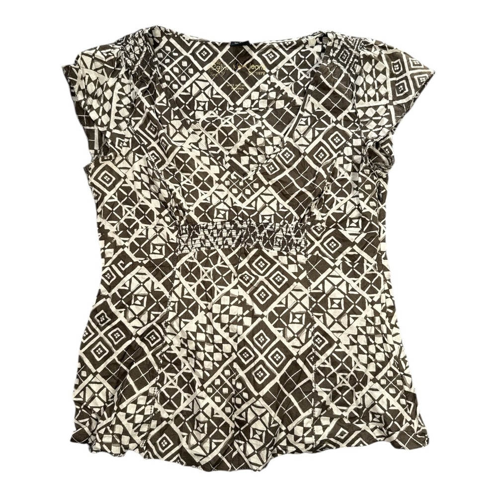Calvin Klein Jeans Women Medium Geometric Print Smocked Waist Cap‎ Sleeve Top